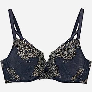 Size 40D Torrid Curve Lace Push Up Plunge Bra Gold Accents on Black Underwire